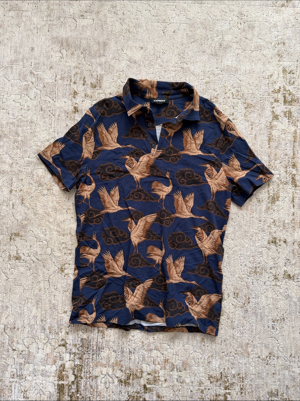 Express Navy Polo with Brown Crane Motif